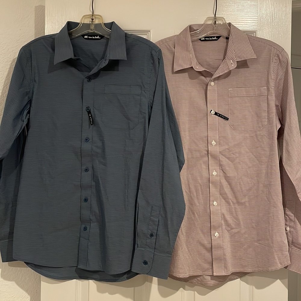 2 New Travis Mathew Blue & Eggplant Pinstripe Long Sleeve Button Down Small